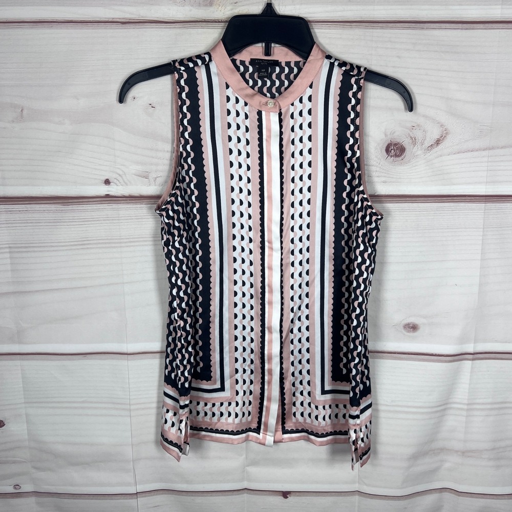Ann Taylor Top Womens PXS Pink Geometric Sleeveless Blouse Striped Button Up